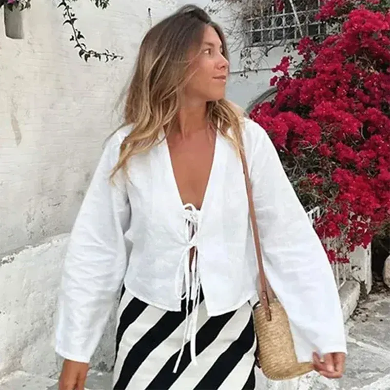 Fashionkova ALOBEE Loose Lace Up Bow Shirt Women Elegant V Neck Long Flare Sleeve Lady 2024 New Spring Summer Simple High Street Female Tops