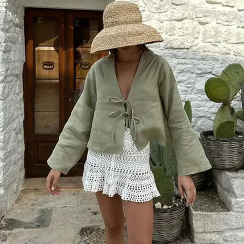 Fashionkova ALOBEE Loose Lace Up Bow Shirt Women Elegant V Neck Long Flare Sleeve Lady 2024 New Spring Summer Simple High Street Female Tops