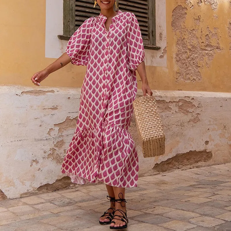 Fashionkova  Fashion Summer Women Dress Casual Summer A Line Printed Dress Ladies Long Flared Sleeve Bohemian Beach Cover Up Sundress