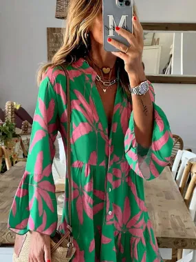 Fashionkova  Fashion Summer Women Dress Casual Summer A Line Printed Dress Ladies Long Flared Sleeve Bohemian Beach Cover Up Sundress