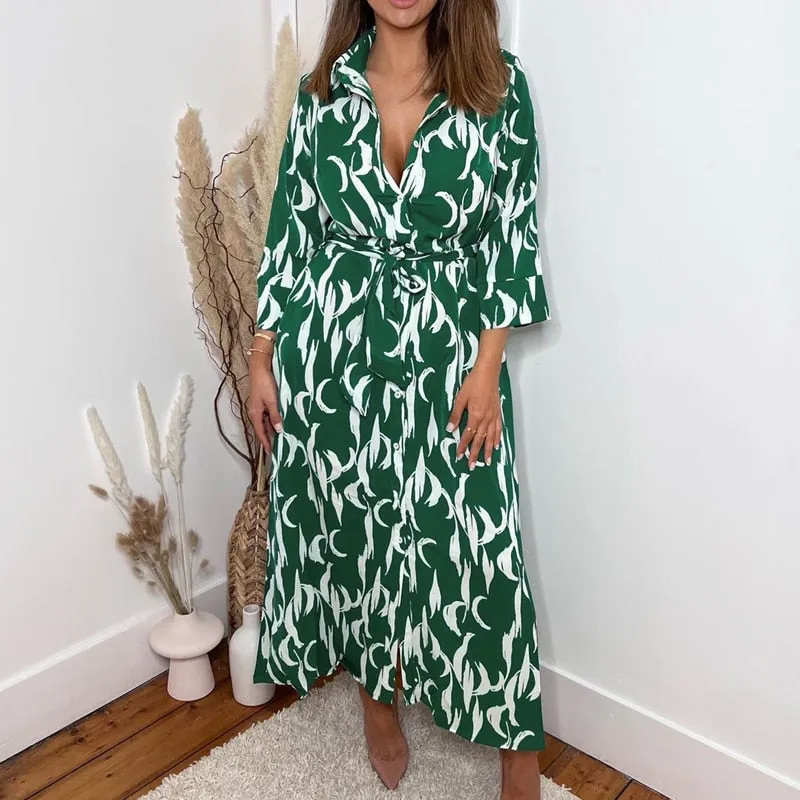 Fashionkova  Fashion Summer Women Dress Casual Summer A Line Printed Dress Ladies Long Flared Sleeve Bohemian Beach Cover Up Sundress