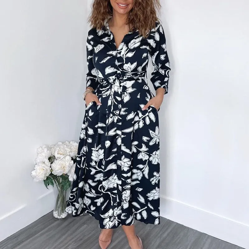 Fashionkova  Fashion Summer Women Dress Casual Summer A Line Printed Dress Ladies Long Flared Sleeve Bohemian Beach Cover Up Sundress