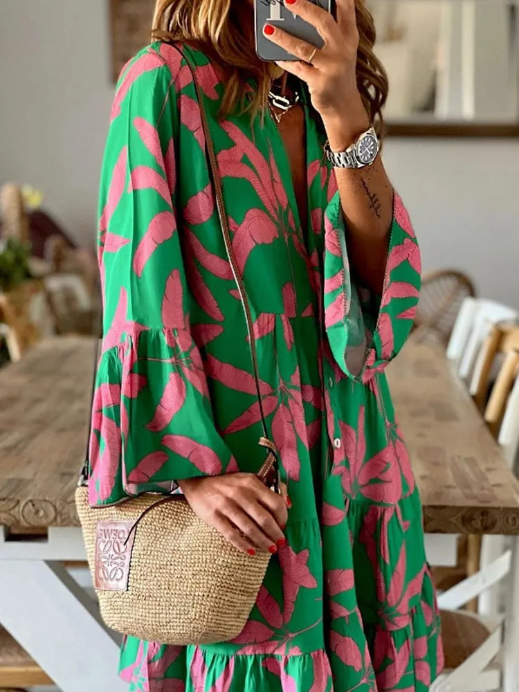 Fashionkova  Fashion Summer Women Dress Casual Summer A Line Printed Dress Ladies Long Flared Sleeve Bohemian Beach Cover Up Sundress