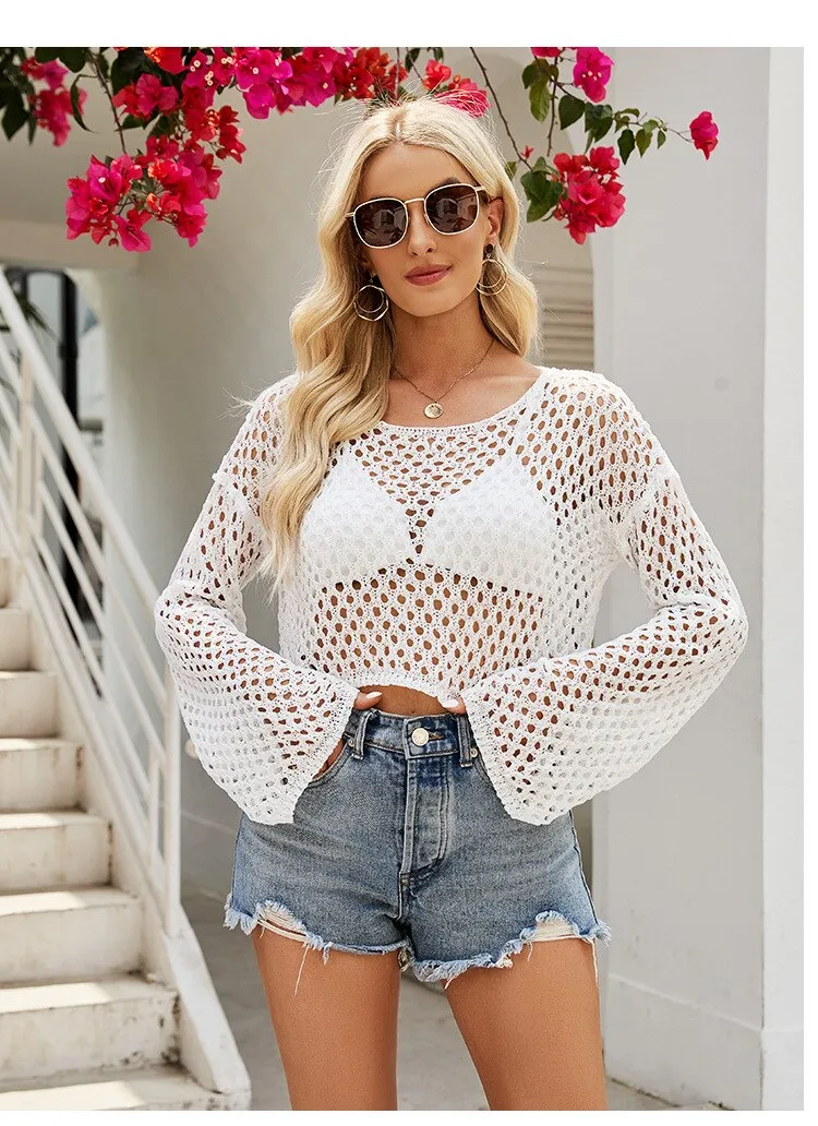 FashionKova Knit Oversized Sweater Casual Solid Hollow Out Long Sleeve Tops Korean Fashion Beach Knitwears Streetwear Pullover