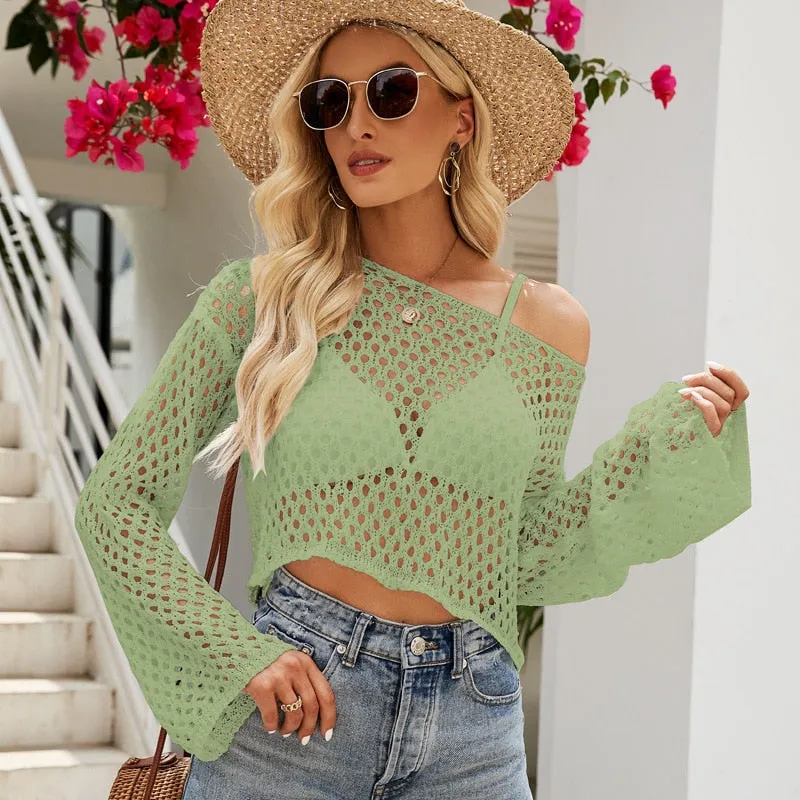 FashionKova Knit Oversized Sweater Casual Solid Hollow Out Long Sleeve Tops Korean Fashion Beach Knitwears Streetwear Pullover