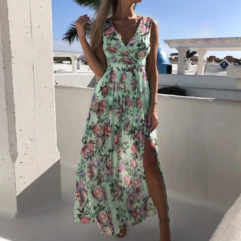 Fashionkova  Sexy Women V-Neck Floral Chiffon Dress Summer Backless Lace Up High Slit Long Dresses Sleeveless Beach Sundress Vacation Dress