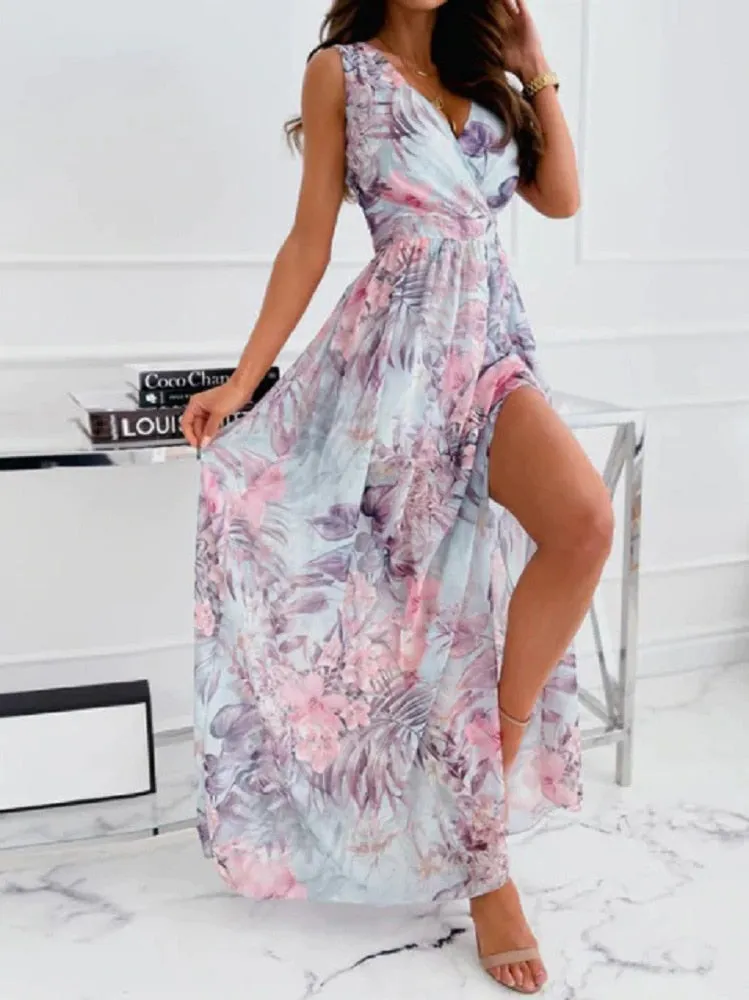 Fashionkova  Sexy Women V-Neck Floral Chiffon Dress Summer Backless Lace Up High Slit Long Dresses Sleeveless Beach Sundress Vacation Dress