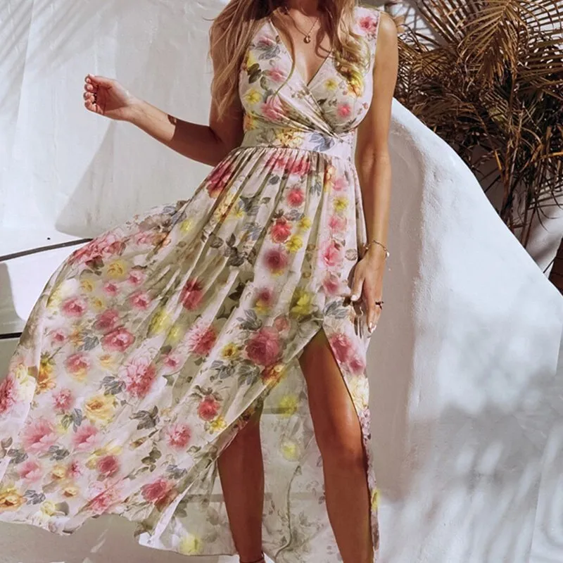 Fashionkova  Sexy Women V-Neck Floral Chiffon Dress Summer Backless Lace Up High Slit Long Dresses Sleeveless Beach Sundress Vacation Dress