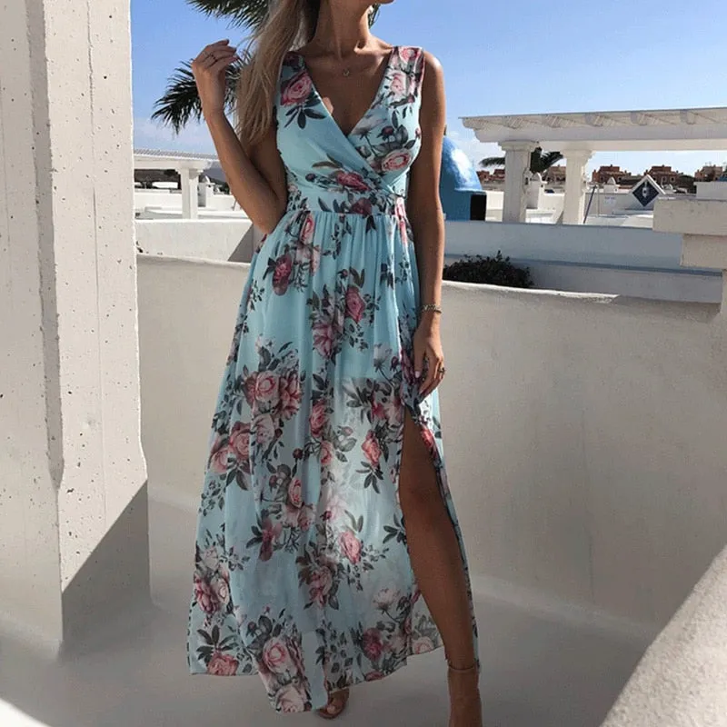 Fashionkova  Sexy Women V-Neck Floral Chiffon Dress Summer Backless Lace Up High Slit Long Dresses Sleeveless Beach Sundress Vacation Dress