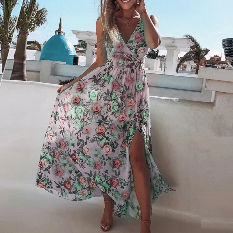 Fashionkova  Sexy Women V-Neck Floral Chiffon Dress Summer Backless Lace Up High Slit Long Dresses Sleeveless Beach Sundress Vacation Dress