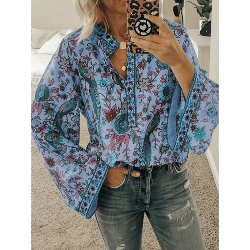 Fashionkova  Women Print Blouses Casual Loose Tops Stand V Neck Long Sleeves Button Plus Size Pullover Female Tee Shirts Blouse