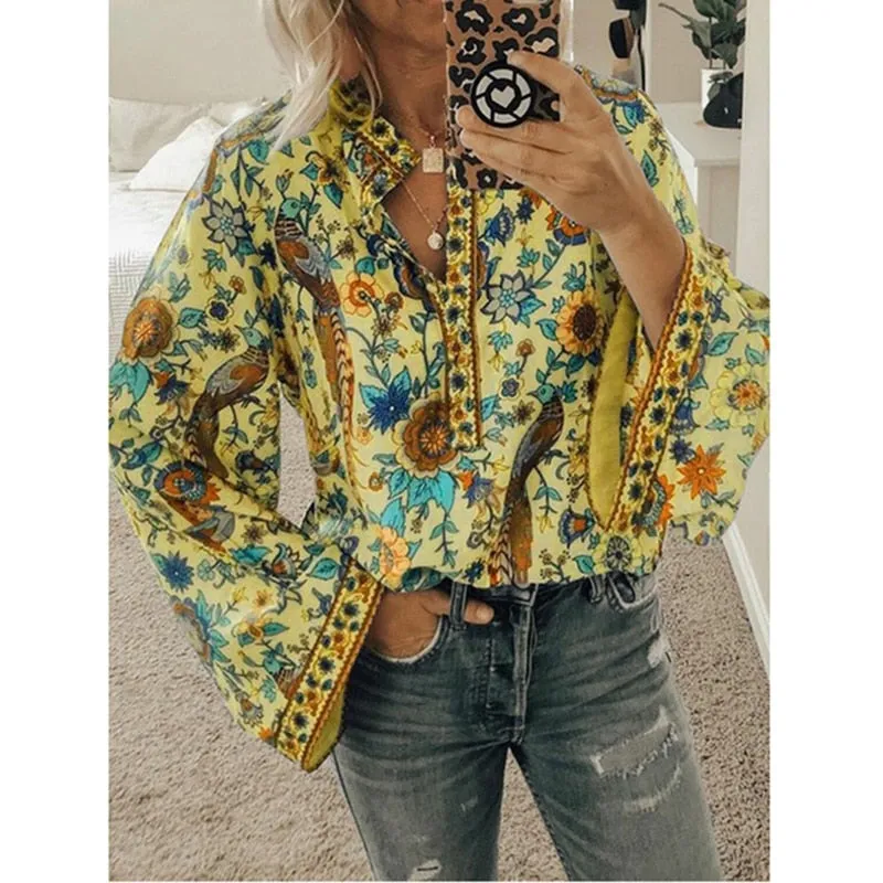 Fashionkova  Women Print Blouses Casual Loose Tops Stand V Neck Long Sleeves Button Plus Size Pullover Female Tee Shirts Blouse