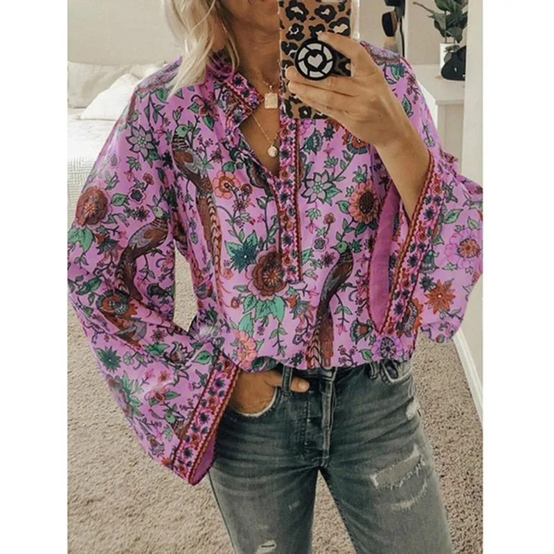 Fashionkova  Women Print Blouses Casual Loose Tops Stand V Neck Long Sleeves Button Plus Size Pullover Female Tee Shirts Blouse