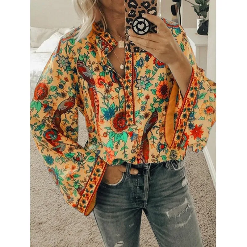 Fashionkova  Women Print Blouses Casual Loose Tops Stand V Neck Long Sleeves Button Plus Size Pullover Female Tee Shirts Blouse