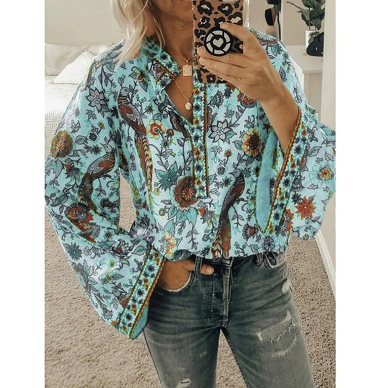 Fashionkova  Women Print Blouses Casual Loose Tops Stand V Neck Long Sleeves Button Plus Size Pullover Female Tee Shirts Blouse