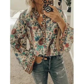 Fashionkova  Women Print Blouses Casual Loose Tops Stand V Neck Long Sleeves Button Plus Size Pullover Female Tee Shirts Blouse