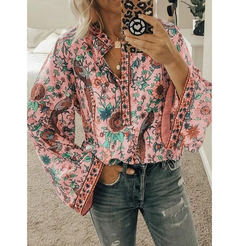 Fashionkova  Women Print Blouses Casual Loose Tops Stand V Neck Long Sleeves Button Plus Size Pullover Female Tee Shirts Blouse
