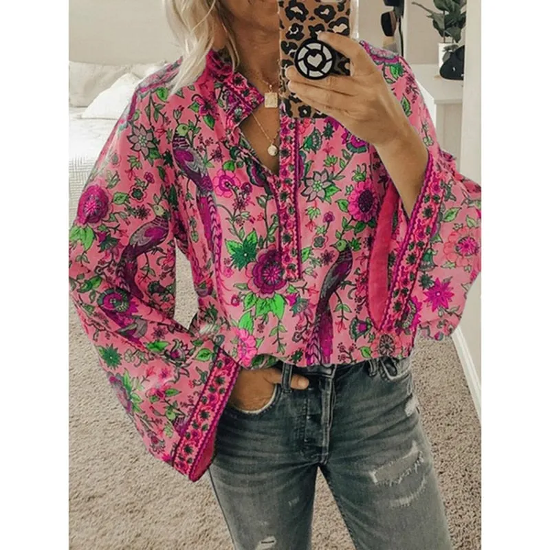 Fashionkova  Women Print Blouses Casual Loose Tops Stand V Neck Long Sleeves Button Plus Size Pullover Female Tee Shirts Blouse