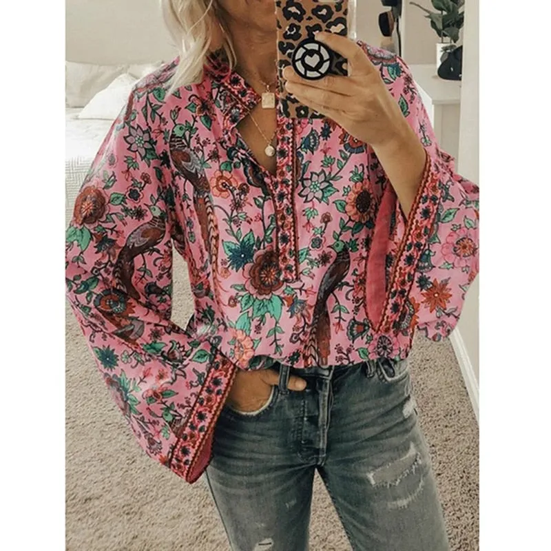 Fashionkova  Women Print Blouses Casual Loose Tops Stand V Neck Long Sleeves Button Plus Size Pullover Female Tee Shirts Blouse