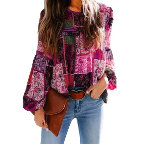Fashionkova  Women Print Bohemian Blouse Casual Tops O Neck Long Puff Sleeves Loose Pullover Office Lady Tee Beach Party Boho Blouses