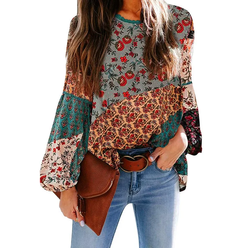 Fashionkova  Women Print Bohemian Blouse Casual Tops O Neck Long Puff Sleeves Loose Pullover Office Lady Tee Beach Party Boho Blouses