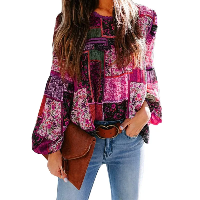 Fashionkova  Women Print Bohemian Blouse Casual Tops O Neck Long Puff Sleeves Loose Pullover Office Lady Tee Beach Party Boho Blouses