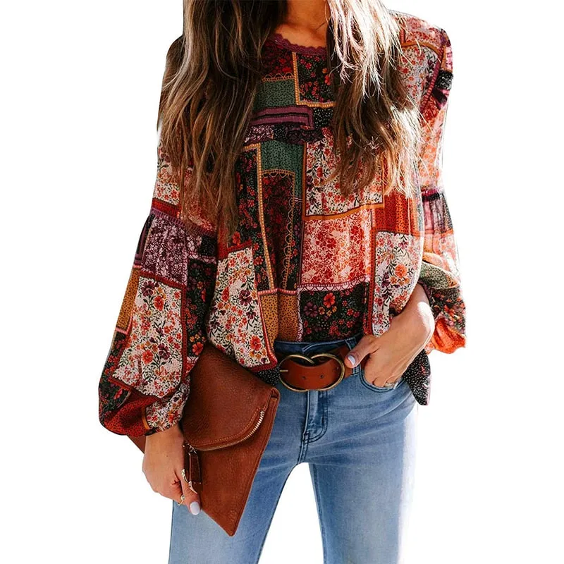 Fashionkova  Women Print Bohemian Blouse Casual Tops O Neck Long Puff Sleeves Loose Pullover Office Lady Tee Beach Party Boho Blouses