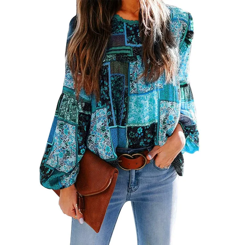 Fashionkova  Women Print Bohemian Blouse Casual Tops O Neck Long Puff Sleeves Loose Pullover Office Lady Tee Beach Party Boho Blouses