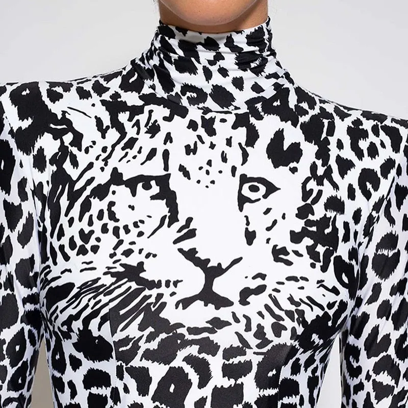 Fashionkova  Women Sexy Tight Dress Long Sleeve High Neck Tiger Skin Wrapped Fall Spring Tight Mini Dress Ladies Party Club Dress