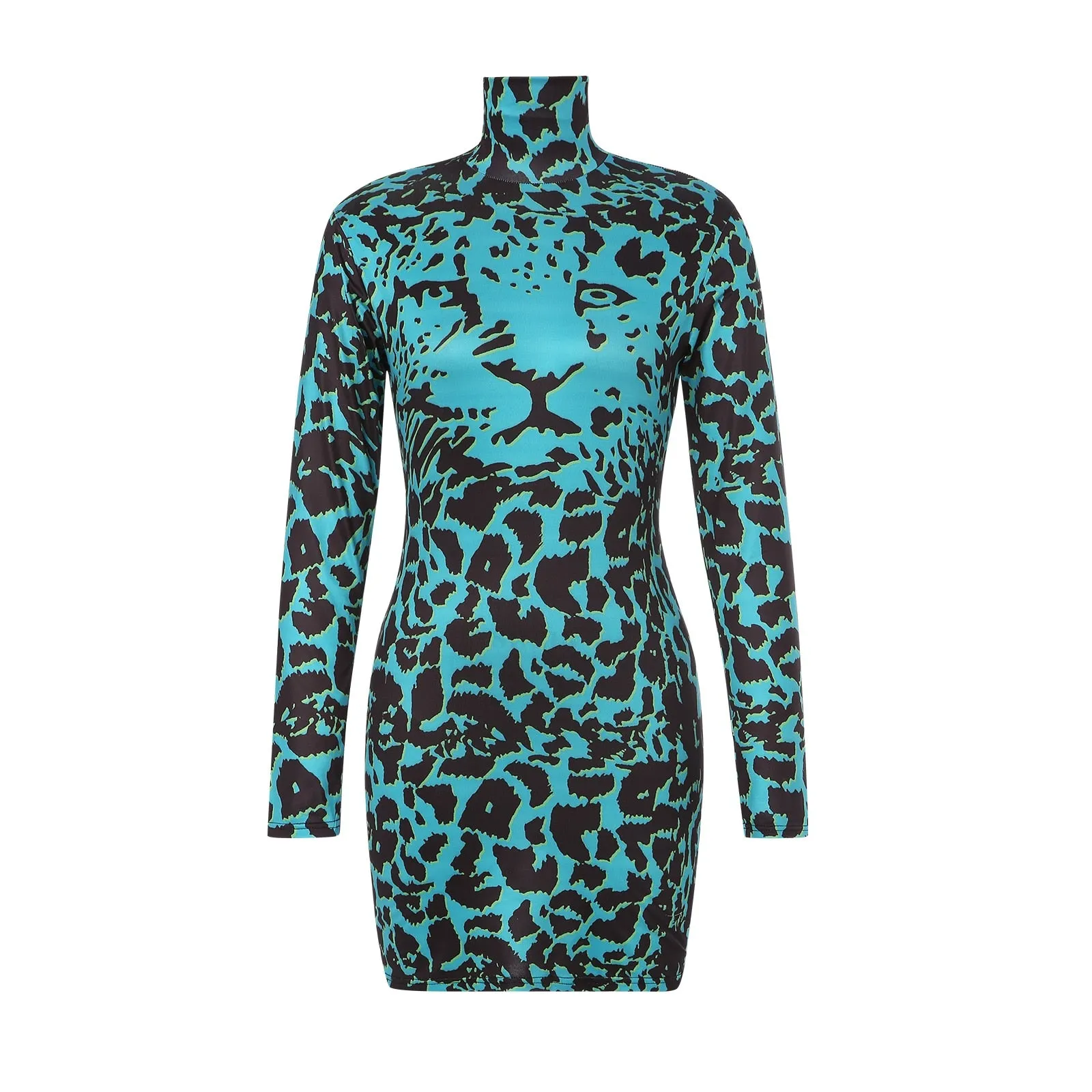 Fashionkova  Women Sexy Tight Dress Long Sleeve High Neck Tiger Skin Wrapped Fall Spring Tight Mini Dress Ladies Party Club Dress