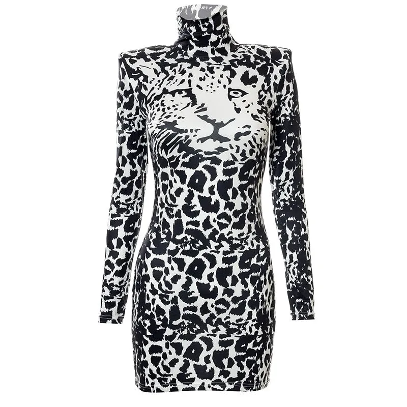 Fashionkova  Women Sexy Tight Dress Long Sleeve High Neck Tiger Skin Wrapped Fall Spring Tight Mini Dress Ladies Party Club Dress
