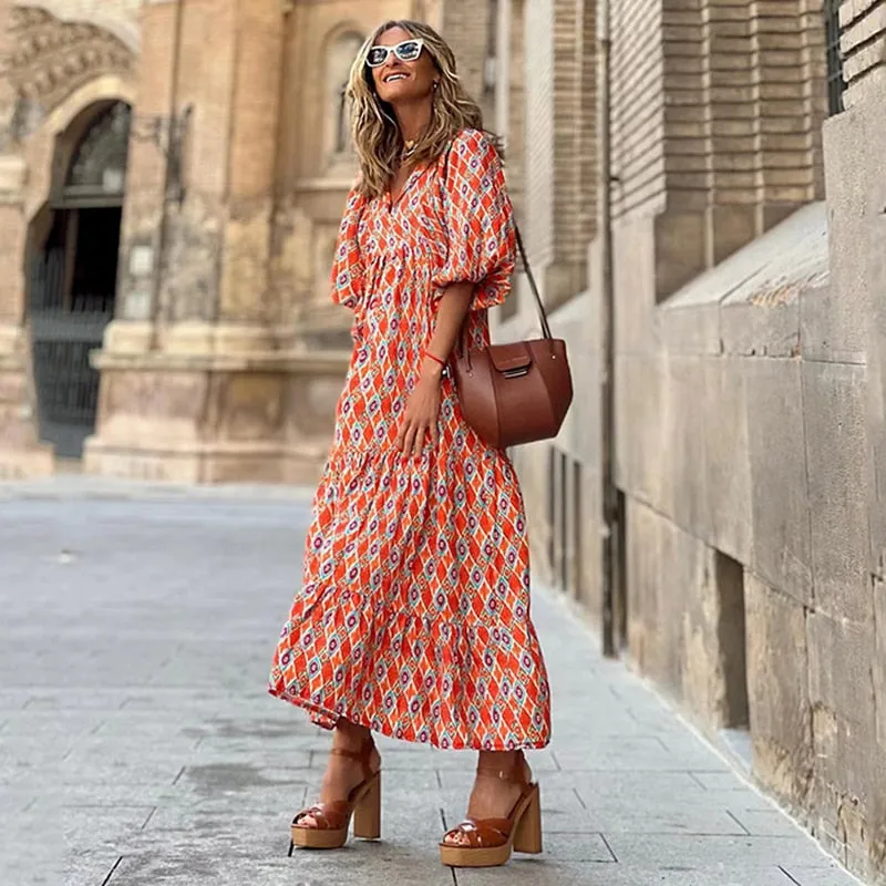 Fashionkova  Women's Boho Puff Sleeve Long Dresses Summer Loose Geometry Printed Half Sleeve Dress Casual Elegant Party Maxi Dresses Vestidos