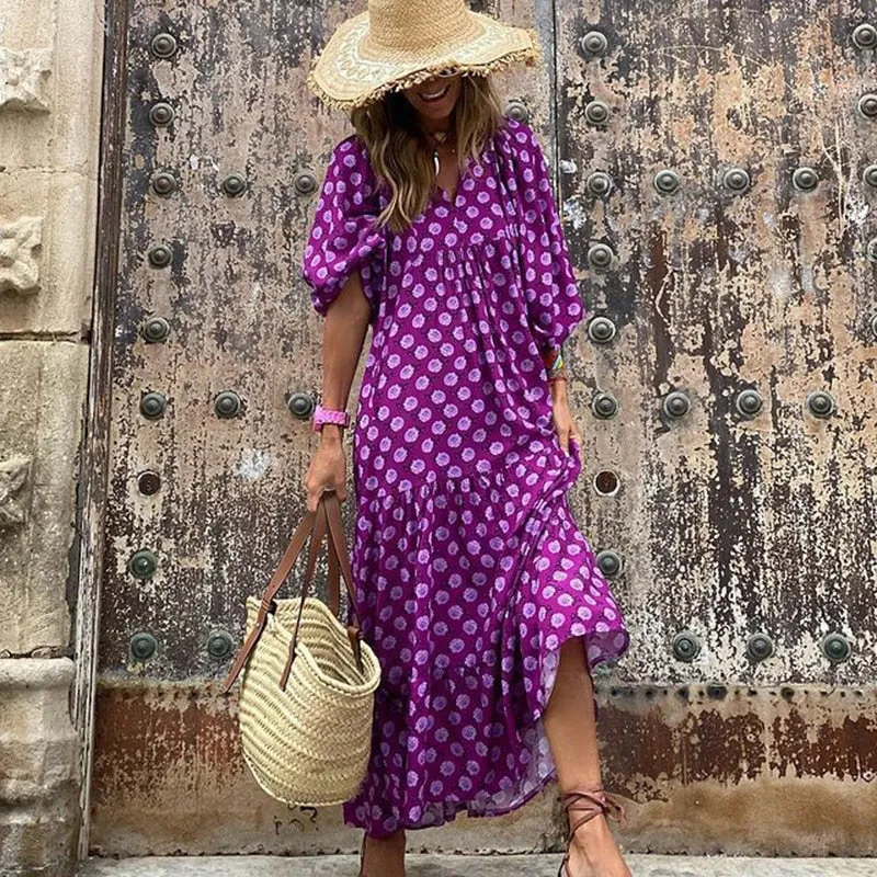 Fashionkova  Women's Boho Puff Sleeve Long Dresses Summer Loose Geometry Printed Half Sleeve Dress Casual Elegant Party Maxi Dresses Vestidos