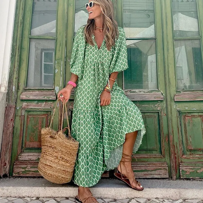 Fashionkova  Women's Boho Puff Sleeve Long Dresses Summer Loose Geometry Printed Half Sleeve Dress Casual Elegant Party Maxi Dresses Vestidos