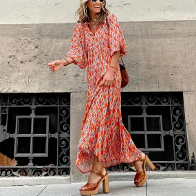 Fashionkova  Women's Boho Puff Sleeve Long Dresses Summer Loose Geometry Printed Half Sleeve Dress Casual Elegant Party Maxi Dresses Vestidos
