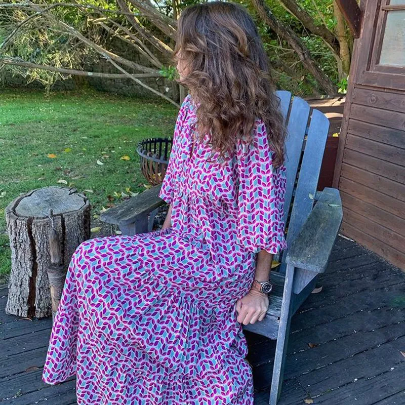 Fashionkova  Women's Boho Puff Sleeve Long Dresses Summer Loose Geometry Printed Half Sleeve Dress Casual Elegant Party Maxi Dresses Vestidos