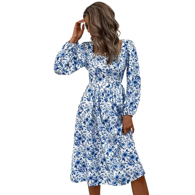 Floral Print Lace Square Neck High Waist A-line Midi Dress for Women