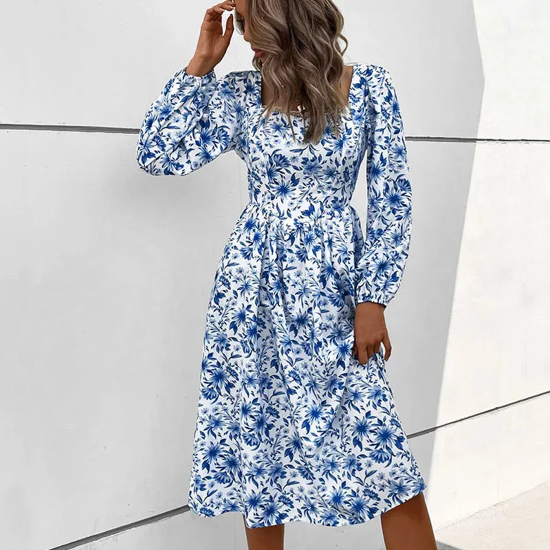 Floral Print Lace Square Neck High Waist A-line Midi Dress for Women