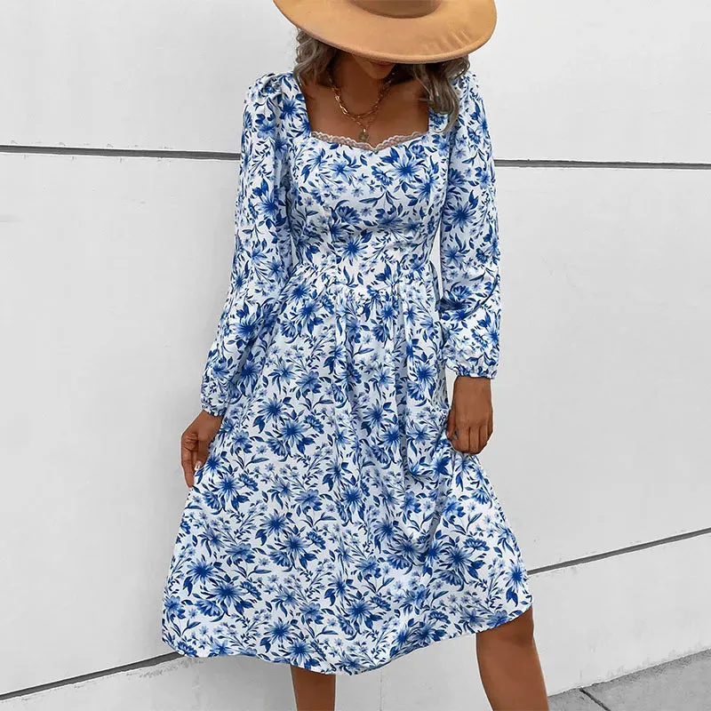 Floral Print Lace Square Neck High Waist A-line Midi Dress for Women
