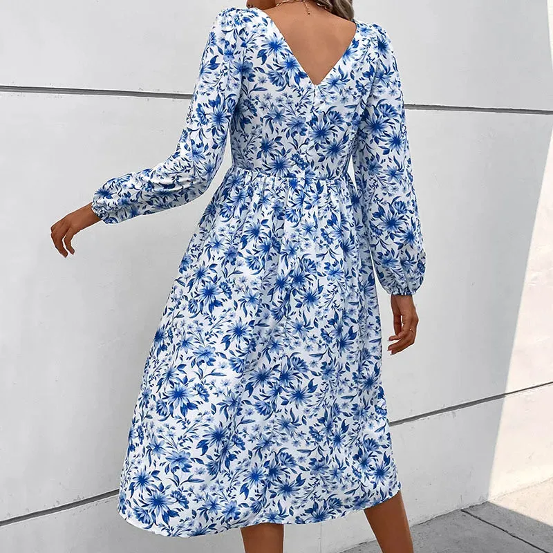 Floral Print Lace Square Neck High Waist A-line Midi Dress for Women