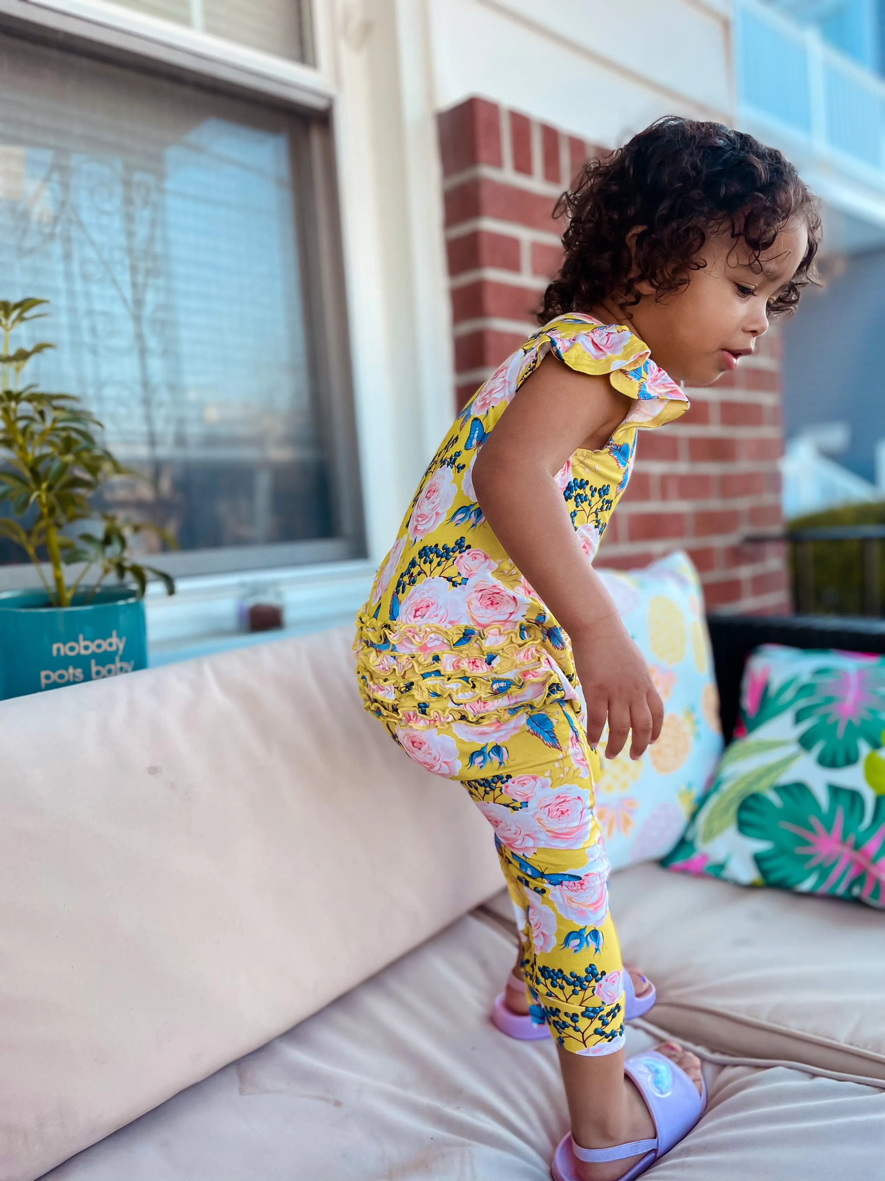 Flutter Sleeve Romper - Yellow Butterflies & Flowers