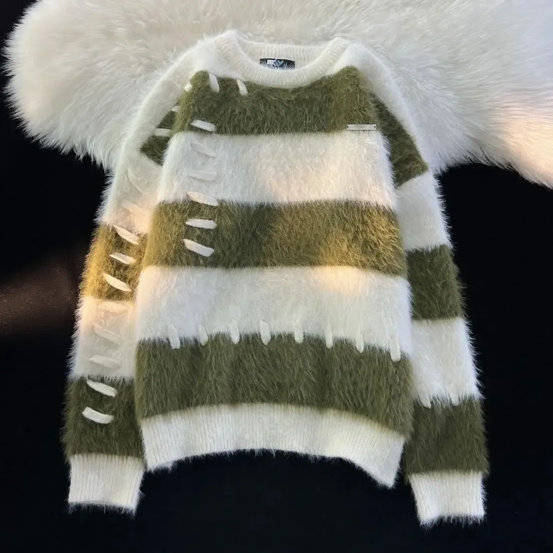 Flytonn-New American Vintage Y2k Pullover Stripe Soft Waxy Oversized Sweater Women Winter Warm Loose Couples Slouchy Knitwear Sweaters