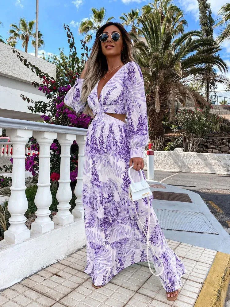 Flytonn-Women's Bohemian Printed High Waist Long Dress, Sexy Hollow V Neck, Buttons, Elegant, Flare, Long Sleeve, Spring, Autumn