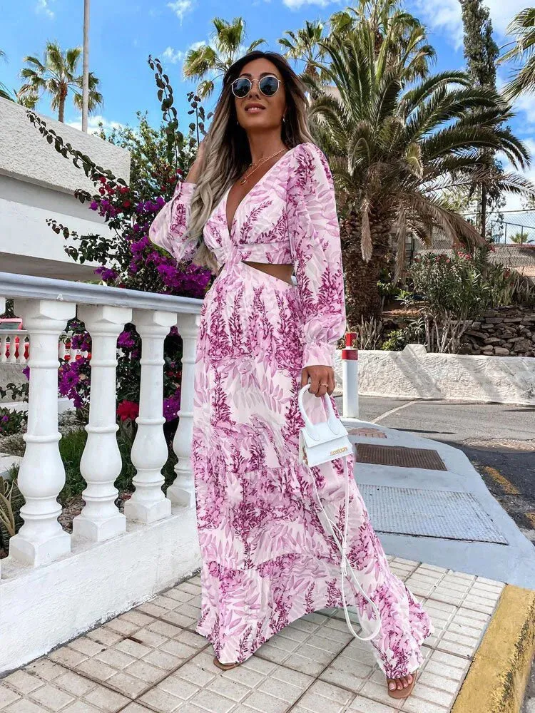 Flytonn-Women's Bohemian Printed High Waist Long Dress, Sexy Hollow V Neck, Buttons, Elegant, Flare, Long Sleeve, Spring, Autumn