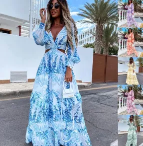 Flytonn-Women's Bohemian Printed High Waist Long Dress, Sexy Hollow V Neck, Buttons, Elegant, Flare, Long Sleeve, Spring, Autumn