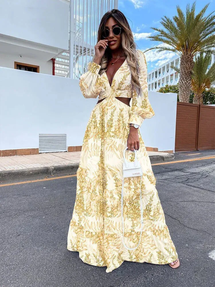 Flytonn-Women's Bohemian Printed High Waist Long Dress, Sexy Hollow V Neck, Buttons, Elegant, Flare, Long Sleeve, Spring, Autumn