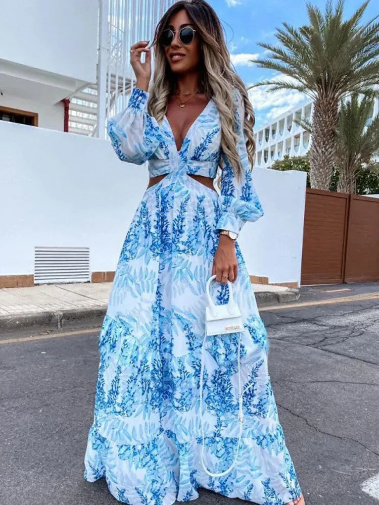 Flytonn-Women's Bohemian Printed High Waist Long Dress, Sexy Hollow V Neck, Buttons, Elegant, Flare, Long Sleeve, Spring, Autumn