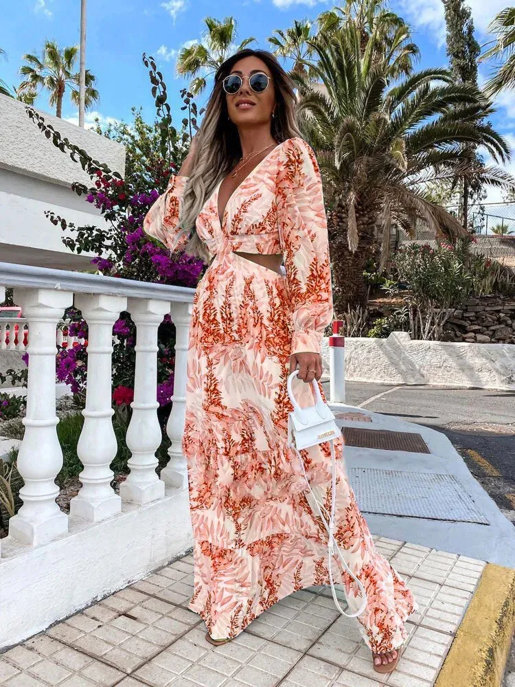 Flytonn-Women's Bohemian Printed High Waist Long Dress, Sexy Hollow V Neck, Buttons, Elegant, Flare, Long Sleeve, Spring, Autumn