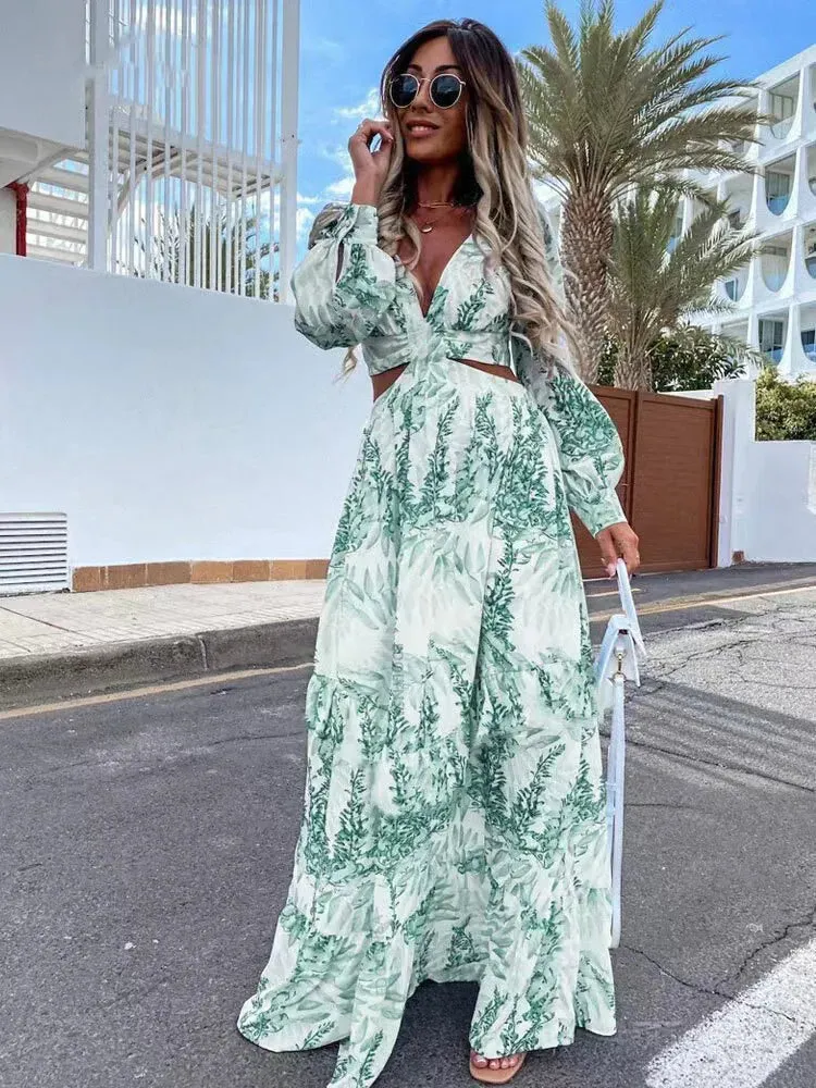 Flytonn-Women's Bohemian Printed High Waist Long Dress, Sexy Hollow V Neck, Buttons, Elegant, Flare, Long Sleeve, Spring, Autumn