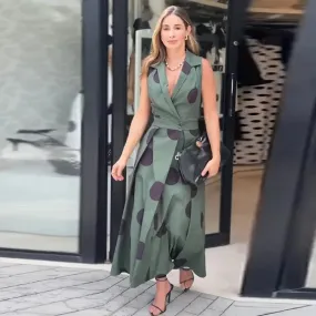 Flytonn-Women's Elegant V-Neck Sleeveless Belt Dress, Slim Version, Plus Size, Elegant Style, Summer, New, 2024